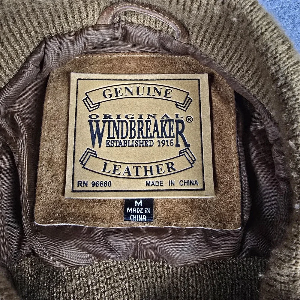 Original Windbreaker Jacket Mens Medium Beige Leather Knit Bomber Zip Striped‎ - Picture 4 of 8